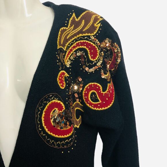 Vintage 80s Marisa Christina Cardigan Sweater Black Lambs Wool Angora Sequins - Picture 3 of 12
